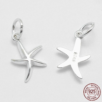 925 Sterling Silver Pendants, Starfish/Sea Stars, with 925 Stamp, Silver, 15x9.5x2mm, Hole: 4mm
