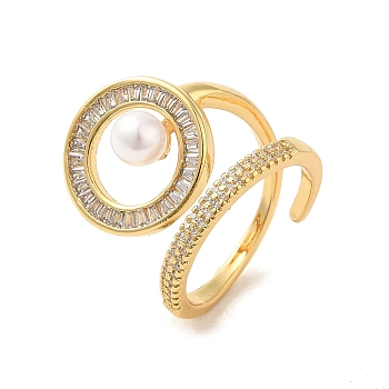 Ring Brass Micro Pave Clear Cubic Zirconia with Resin Pearl Cuff Rings for Women, Real 18K Gold Plated, Adjustable