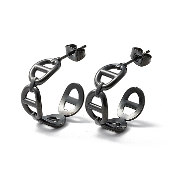 304 Stainless Steel C-shape Stud Earrings, Oval Link Wrap Half Hoop Earrings for Women, Electrophoresis Black, 21.5x20.5x7mm, Pin: 0.7mm