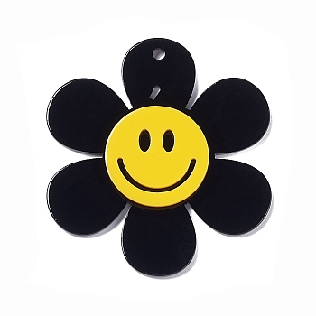 Opaque Acrylic Big Pendants, Sunflower with Smiling Face Charm, Black, 55x50.5x5mm, Hole: 2.5mm