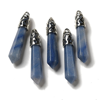 Natural Blue Aventurine Pointed Big Pendants, Faceted Bullet Charms with Rack Plating Platinum Plated Brass Findings, 56~65x11~11.5x10~10.5mm, Hole: 4X3mm