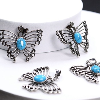 Synthetic Turquoise Pendants, Butterfly Charms with Platinum Plated Metal Findings, 32x38mm
