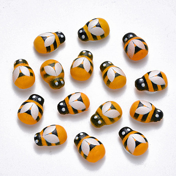 Spray Painted Maple Wood Cabochons, Single-Sided Printed, with Double-sided Adhesive, Bees, Orange, 13x9x5~6mm, Adhesive: 6mm in diameter