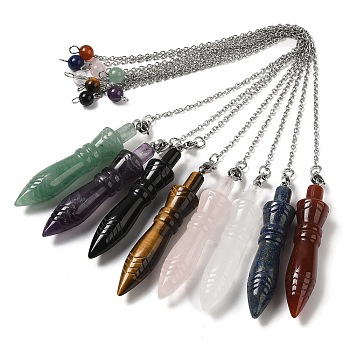 Mixed Natural Gemstone Pointed Dowsing Pendulums, with 304 Stainless Steel Chains, Bullet Charm, 243mm, Bullet: 60x12.5mm, Hole: 3mm