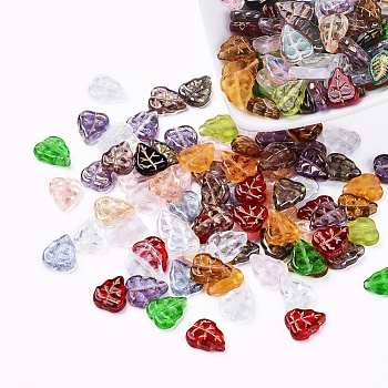Czech Glass Beads, Electroplated/Gold Inlay Color/Transparent, Leaf, Mixed Color, 10.5x9x2.5mm, Hole: 0.8mm, about 237~243pcs/bag
