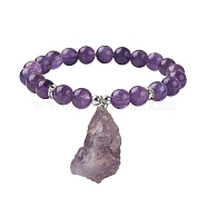 Natural Amethyst Round Beaded Stretch Bracelets, with Rough Raw Nugget Charms, Inner Diameter: 2-1/2 inch(6.2cm)(BJEW-JB10089-01)