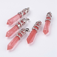 Watermelon Stone Glass Big Pointed Pendants, with Alloy Findings, Faceted, Bullet, Platinum, 59~63x11~12mm, Hole: 4x7mm(G-G738-A-11)