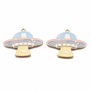 Eco-Friendly Alloy Enamel Pendants, Cadmium Free & Lead Free & Nickel Free, Light Gold, Flying Saucer with Word MOMICAFE, Colorful, 31x40x1.5mm, Hole: 1.6mm(ENAM-T011-91-NR)