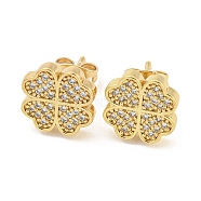 Brass Micro Pave Cubic Zirconia Ear Studs, Clover, Real 18K Gold Plated, 11.5x11.5mm(EJEW-P261-20G)