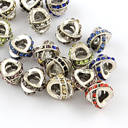 Letter X Antique Silver Plated Metal Alloy Rhinestone European Beads, Large Hole Beads, Mixed Color, 11x8~9x10mm, Hole: 5mm(ALRI-Q228-16)