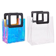 PVC Laser Transparent Bag, Tote Bag, with PU Leather Handles, for Gift or Present Packaging, Rectangle, Black, Finished Product: 25.5x18x10cm, 2pcs/set(ABAG-SZ0001-01B)