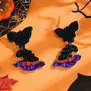 Bat Hat Glass Bead Stud Earrings, Halloween Style Fashion Jewelry Gift, Black, 75x47mm(XR9270)