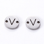 201 Stainless Steel Links, Laser Cut, Flat Round with Letter, Letter.V, 6x6x1mm, Hole: 0.8mm(STAS-R112-01V)
