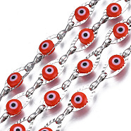 304 Stainless Steel Textured Oval Cable Chains, with Enamel Evil Eye Beads, with Spool, Unwelded, Stainless Steel Color, FireBrick, 11x5.5x3mm, 7.5x3x1mm, about 32.81 Feet(10m)/Roll(CHS-T003-33P-04)
