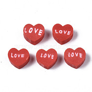 Handmade Polymer Clay Beads, Heart with Word Love, FireBrick, 8~8.5x9~9.5x4.5mm, Hole: 1.8mm(CLAY-N008-032D)