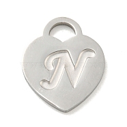 Non-Tarnish 304 Stainless Steel Pendants, Laser Cut, Heart with Letter Charm, Stainless Steel Color, Letter N, 15x12x1mm, Hole: 3x3.5mm(FIND-M017-01P-N)