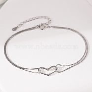 Anti-Tarnish S925 Sterling Silver Double Layer Heart Shape Link Bracelet, Minimalist Design, Platinum, 7-1/8 inch(18cm)(UD1653-2)