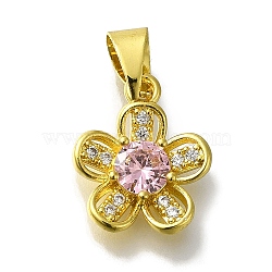 Flower Rack Plating Brass Micro Pave Cubic Zirconia Pendant, with Glass Rhinestone, Lead Free & Cadmium Free, Long-Lasting Plated, Golden, Pink, 15x12x4mm, Hole: 5x4mm(KK-H485-01G-05)