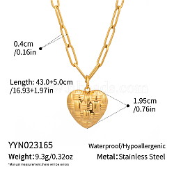 304 Stainless Steel Vintage French Heart Pendant Paperclip Chain Necklaces, Real 18K Gold Plated, 15.75 inch(40cm)(TI9368-1)