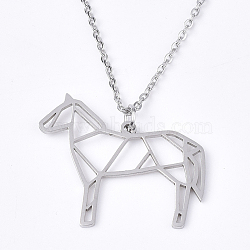 201 Stainless Steel Pendant Necklaces, with Cable Chains, Horse, Stainless Steel Color, 17.5 inch~17.9 inch(44.5~45.5cm), 1.5mm, Horse: 26x30x1mm(NJEW-T009-JN037-1-45)