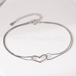 Anti-Tarnish S925 Sterling Silver Double Layer Heart Shape Link Bracelet, Minimalist Design, Platinum, 7-1/8 inch(18cm)(UD1653-2)