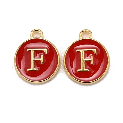 Golden Plated Alloy Enamel Charms, Cadmium Free & Lead Free, Enamelled Sequins, Flat Round, Red, Letter.F, 14x12x2mm, Hole: 1.5mm(ENAM-S118-03F)