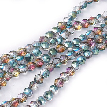 Electroplate Glass Beads Strands, Half Plated, Faceted, Hexagon, Colorful, 5x6x4mm, Hole: 1.2mm, about 99pcs/strand, 19.2 inch(49cm)