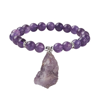 Natural Amethyst Round Beaded Stretch Bracelets, with Rough Raw Nugget Charms, Inner Diameter: 2-1/2 inch(6.2cm)