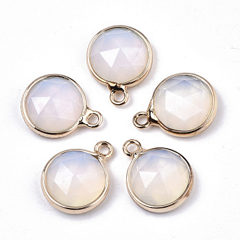 Opalite Charms, with Light Gold Plated Brass Edge and Loop, Half Round/Dome, Faceted, 14x11x5mm, Hole: 1.5mm