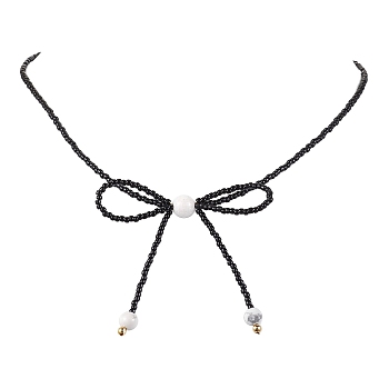 Glass Seed Pendant Necklaces for Women, Bowknot, Black, 15.94 inch(40.5cm)
