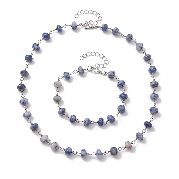 Rondelle Natural Blue Spot Jasper Links Bracelets & Necklaces Sets, Brass Jewelry for Women, Beacelet: 7-7/8 inch(20cm), Necklace: 16-3/8 inch(41.5cm)