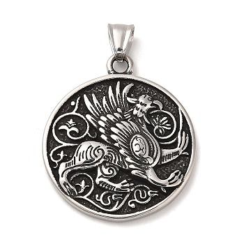 Titanium Steel Pendants, Flat Round with Griffin Pattern, Antique Silver, 43x38x6mm, Hole: 6x5mm