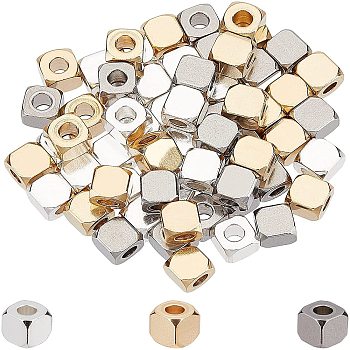 60Pcs 3 Colors 304 Stainless Steel Beads, Square, Mixed Color, 4x4x4mm, Hole: 2.5mm, 20pcs/color
