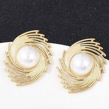 304 Stainless Steel Stud Earrings, with Natural Shell Beads, Ion Plating(IP), Real 14K Gold Plated, Oval, 32.5x25.5mm