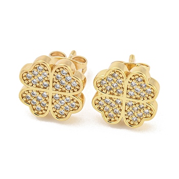 Brass Micro Pave Cubic Zirconia Ear Studs, Clover, Real 18K Gold Plated, 11.5x11.5mm