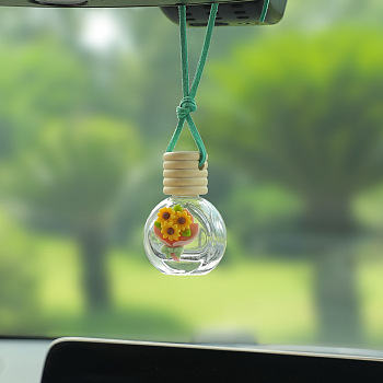 Empty Glass Perfume Bottle Pendants with Wood Cap, Aromatherapy Fragrance Essential Oil Diffuser Bottle, Car Hanging Decor, Sunflower Pattern, 3.5x5.2cm