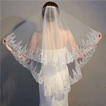 Double Layer Flower Pattern Mesh Bridal Veil with Combs, for Women Wedding Party Decorations, White, 1500x900mm