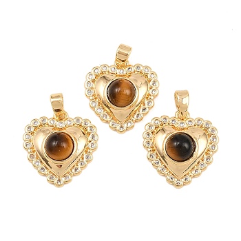 Natural Tiger Eye Pendants, Heart Charms with Brass Micro Pave Clear Cubic Zirconia Settings, Real 18K Gold Plated, 17x16x6.5mm, Hole: 3.5x2.5mm
