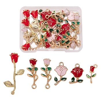 24Pcs 6 Style Alloy Enamel Pendants, for Valentine's Day, Rose Flowers, Mixed Color, 19~38x9~17x2.5~9mm, Hole: 1.2~2mm, 4pcs/style