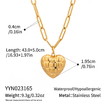304 Stainless Steel Vintage French Heart Pendant Paperclip Chain Necklaces, Real 18K Gold Plated, 15.75 inch(40cm)
