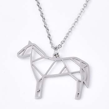 201 Stainless Steel Pendant Necklaces, with Cable Chains, Horse, Stainless Steel Color, 17.5 inch~17.9 inch(44.5~45.5cm), 1.5mm, Horse: 26x30x1mm