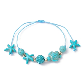 Starfish & Turtle Synthetic Turquoise(Dyed & Heated) Braided Bead Bracelets, Adjustable Polymer Clay Rhinestone Nylon Thread Bracelets for Women, Inner Diameter: 3/4~3-1/8 inch(2~8cm)