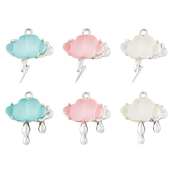 6Pcs 6 Styles Opaque Resin Pendants, Cloud Charms, with Platinum Platd Alloy Findings, Mixed Color, 26~27x23x7mm, Hole: 2mm, 1pc/style