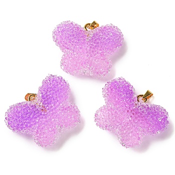 Transparent Resin Dotted Rhinetone Pendants, Butterfly Charms with Rack Plating Brass Findings, Real 18K Gold Plated, Cadmium Free & Lead Free, Long-Lasting Plated, Medium Orchid, 24x32x10mm, Hole: 4x2.5mm