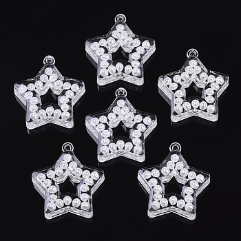 Transparent Acrylic Pendants, with ABS Plastic Imitation Pearl, Star, White, 37.5x35x8mm, Hole: 2mm