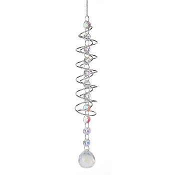 Spiral Alloy Hanging Ornaments, Iron Chain & Glass Octagon Beads & Round Tassel for Home Garden Decorations, Platinum, 435mm