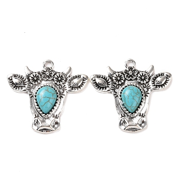 Synthetic Turquoise Pendants, Cattle Charms, with Alloy Findings, Antique Silver, 38x41x6mm, Hole: 2.3mm