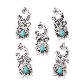 Synthetic Turquoise Pendants, with Alloy Findings, Halloween Cauldron Charms, Antique Silver, 50x19x5mm, Hole: 2mm