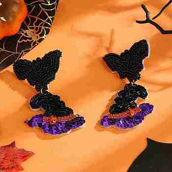 Bat Hat Glass Bead Stud Earrings, Halloween Style Fashion Jewelry Gift, Black, 75x47mm