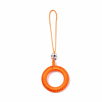 Polyester Tassel Woven Big Pendant Decorations, with Alloy Enamel Findings and Plastic Beads, Antique Silver, Dark Orange, 110~115mm